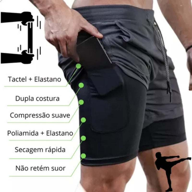 Shorts 2 em 1 Academia e Treino Sport Fit Dry Fit com Elastano e Proteção UV