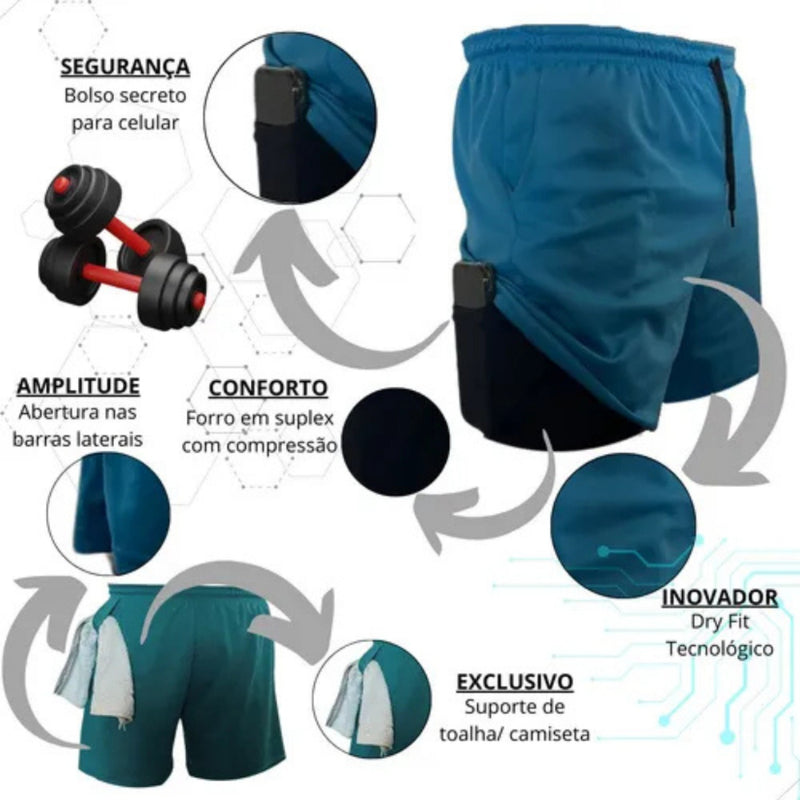 Shorts 2 em 1 Academia e Treino Sport Fit Dry Fit com Elastano e Proteção UV