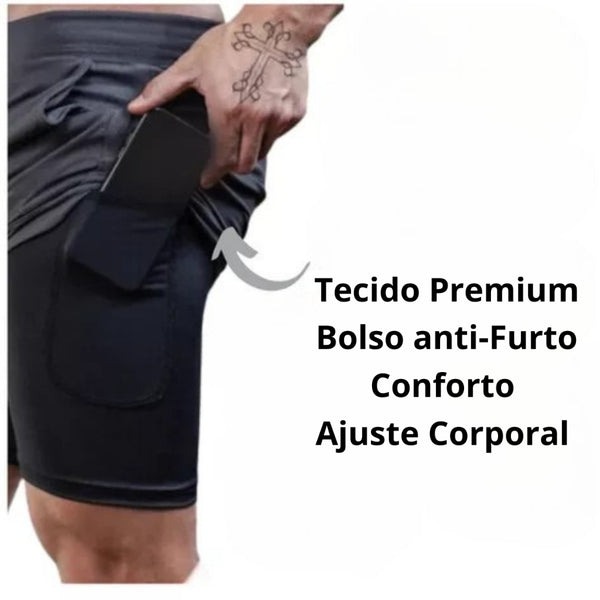 Shorts 2 em 1 Academia e Treino Sport Fit Dry Fit com Elastano e Proteção UV